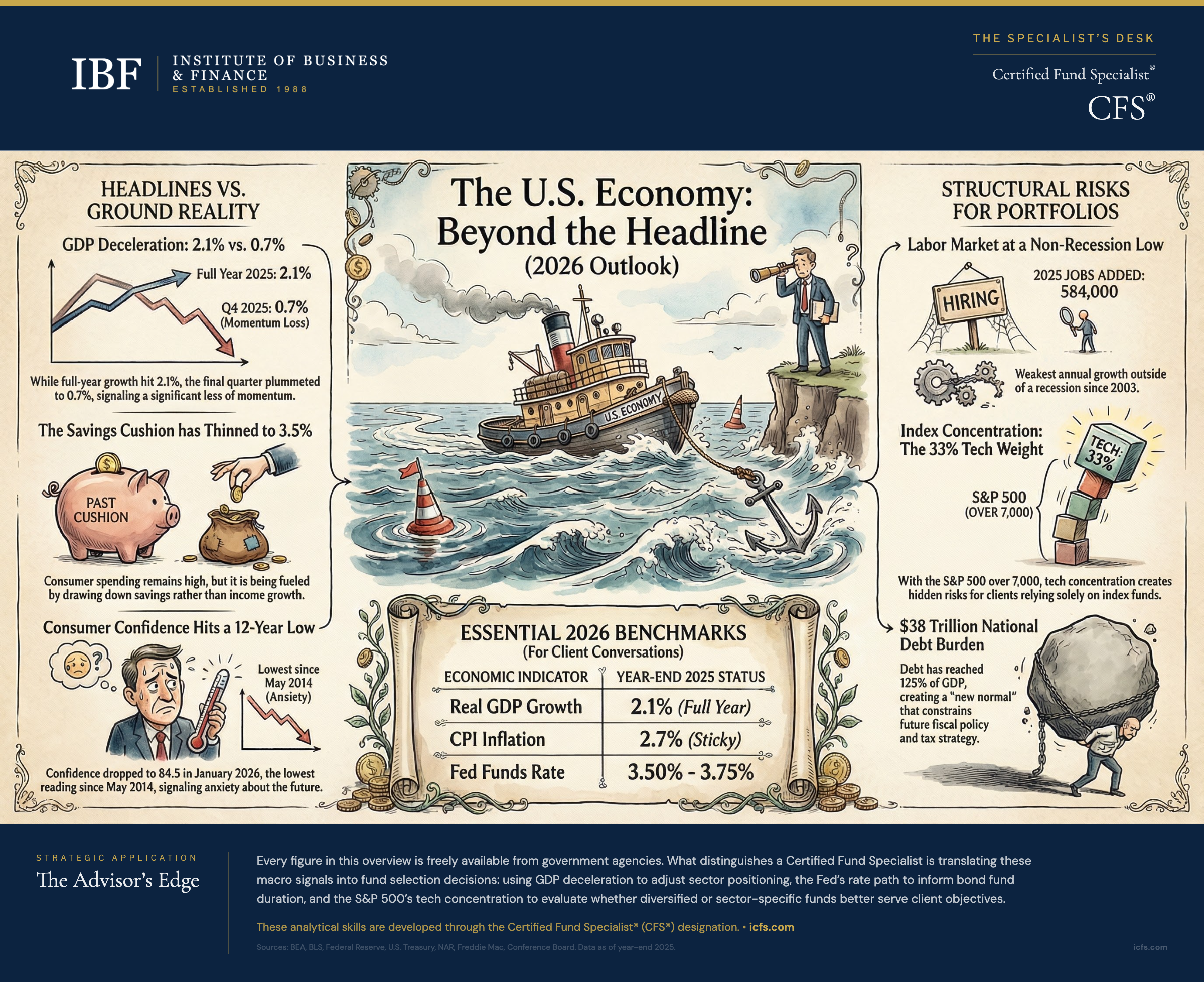 U.S. Economy at a Glance infographic showing 2025 year-end data for financial advisors: GDP deceleration from 2.1% full year to 0.7% in Q4, savings cushion thinned to 3.5%, consumer confidence at 12-year low of 84.5, labor market weakness at 584,000 jobs added, S&P 500 index concentration with 33% in tech, and $38 trillion national debt at 125% of GDP