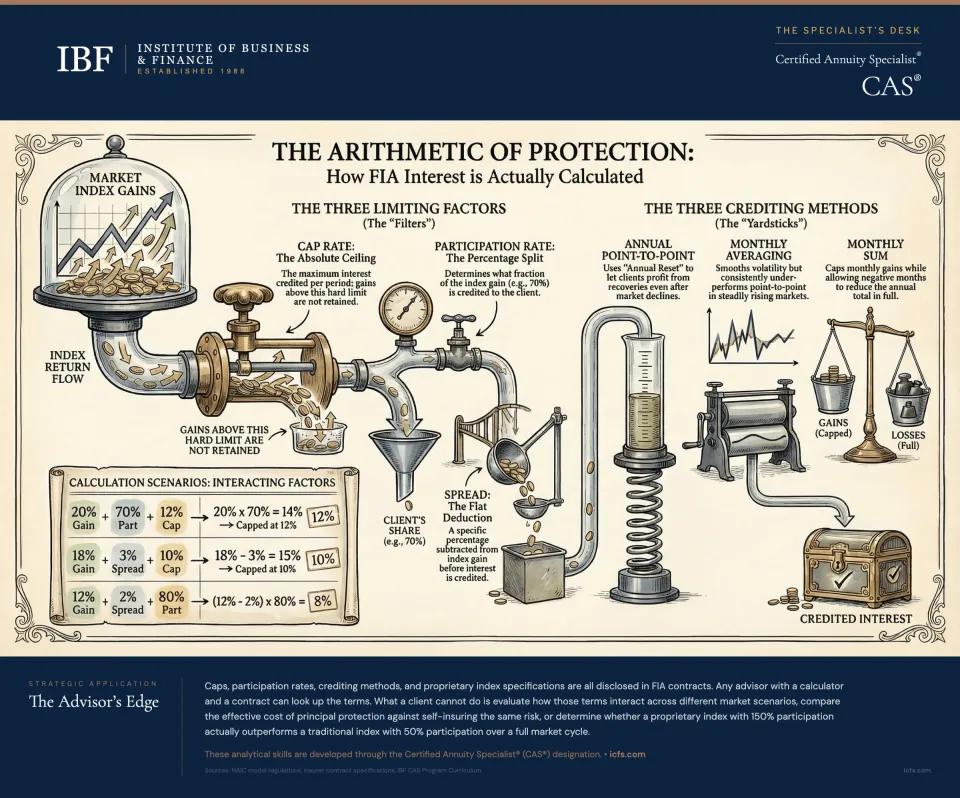 Infographic showing FIA crediting mechanics: three limiting factors (cap rate, participation rate, spread) that reduce credited interest, three crediting methods (annual point-to-point, monthly averaging, monthly sum) that determine how index gains are measured, a comparison bar illustrating where return gets absorbed between full index return and credited interest, and three insight cards covering the cap rate trap, proprietary index risks, and client conversation framing.