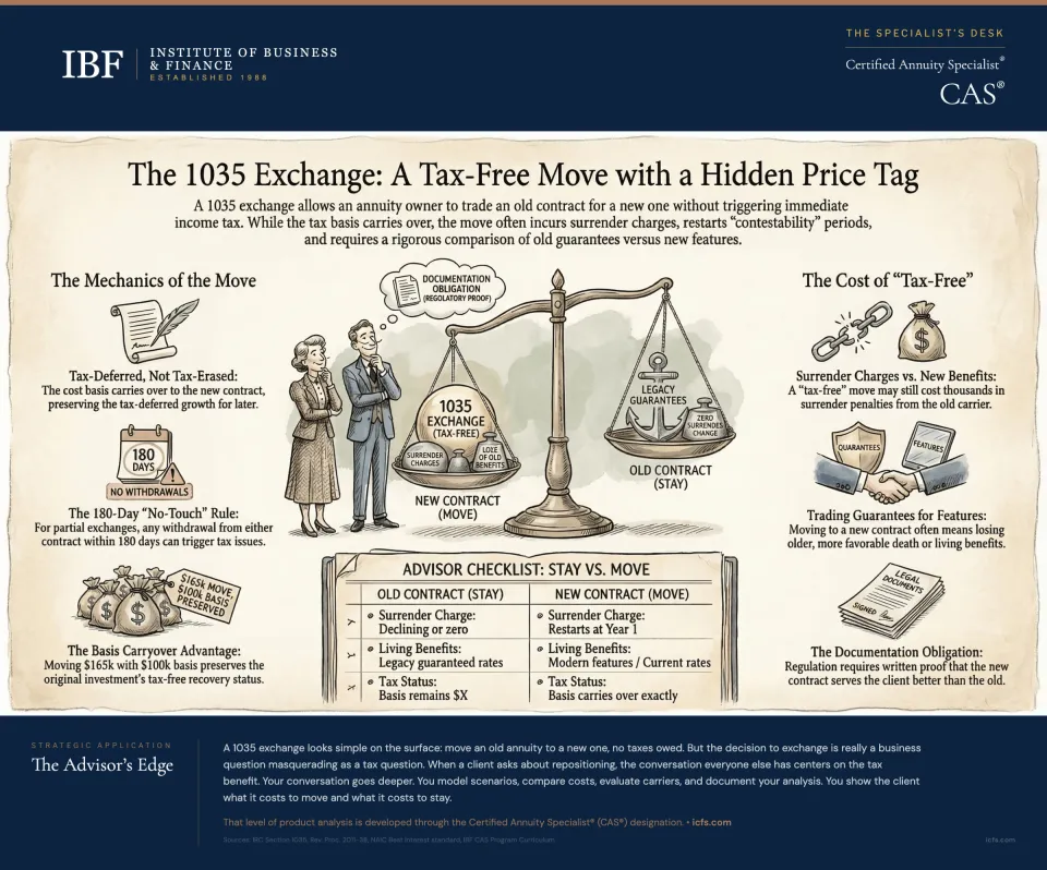 Illustrated guide to 1035 exchange costs showing the mechanics of basis carryover, the 180-day no touch rule for partial exchanges, a quick checklist for when exchanges make sense, surrender charge analysis, features versus fees comparison, and NAIC documentation obligations