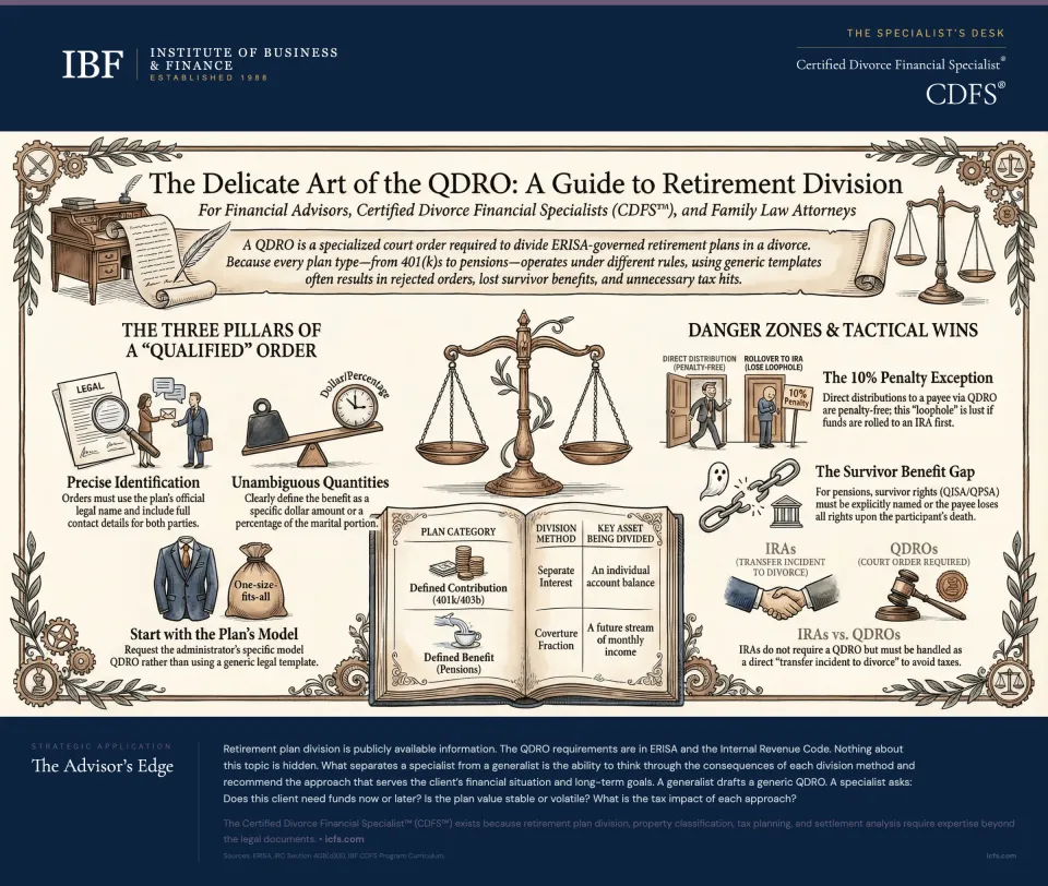 Illustrated guide to QDROs showing the three pillars of a qualified order including precise identification, unambiguous quantities, and plan-model alignment, danger zones including the 10% penalty exception and survivor benefit gap, and the difference between defined benefit and defined contribution plan division mechanics