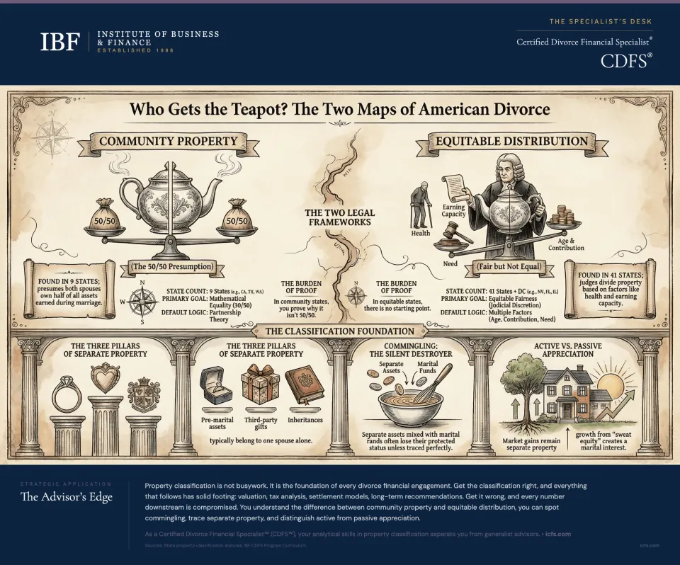 Illustrated comparison of community property and equitable distribution frameworks showing the 50/50 presumption in 9 states versus fair-but-not-equal division in 41 states, burden of proof differences, the three pillars of separate property, commingling as the silent destroyer of separate property status, and active versus passive appreciation rules