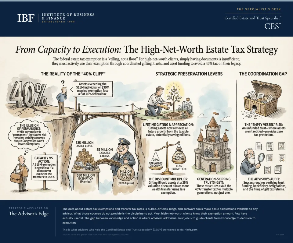 Illustrated estate tax strategy guide showing the 40% cliff on assets above the exemption, lifetime gifting and appreciation removal, valuation discount multiplier, generation-skipping trust mechanics, and the advisor coordination audit checklist