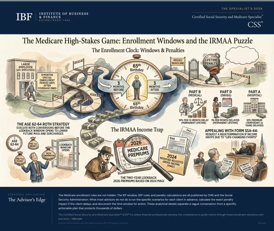 Illustrated guide to Medicare enrollment windows and IRMAA showing the enrollment clock around the 65th birthday, Part B and Part D late enrollment penalties, the age 62-64 Roth strategy for managing the two-year lookback, the IRMAA income trap with 2026 premiums based on 2024 income, and the Form SSA-44 appeal process for life-changing events